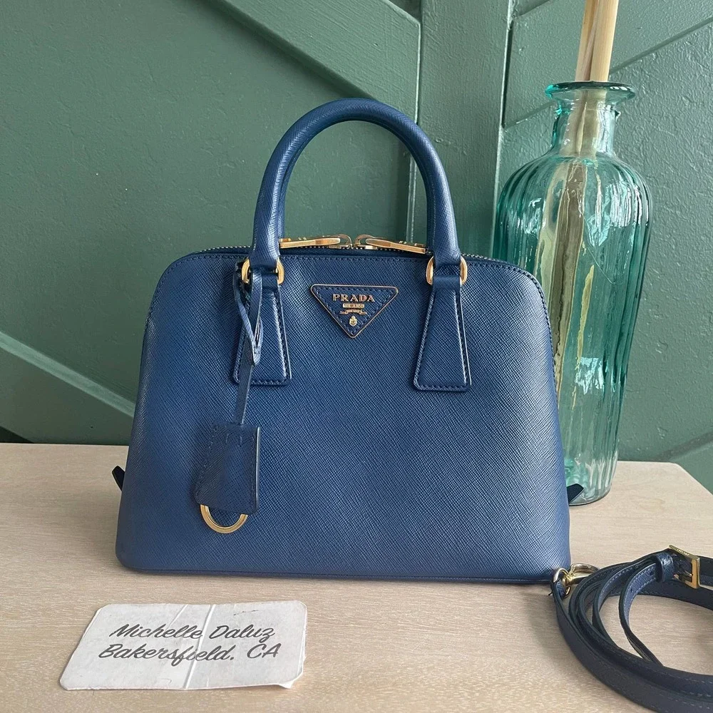 Prada Saffiano Dome Blue Mini Crossbody Bag Gold HW - Picture 14 of 14